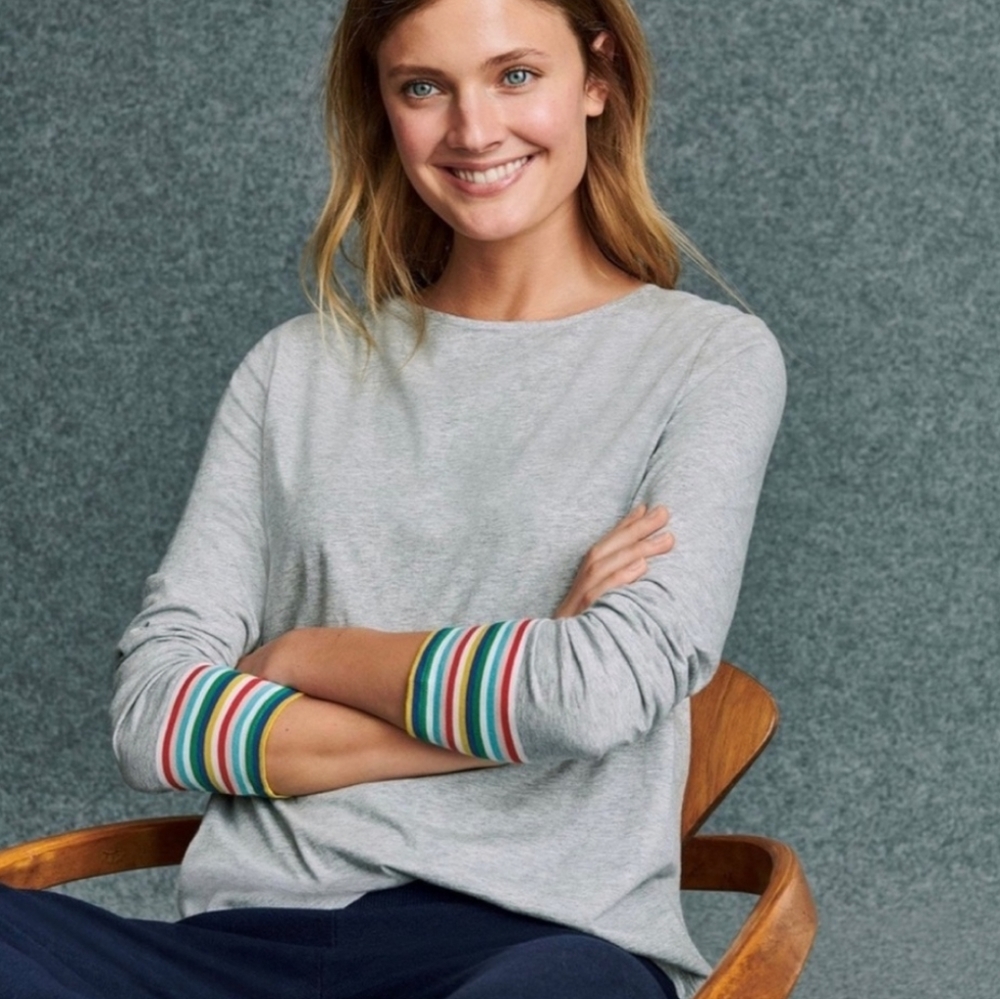 Boden Gray Long-Sleeve Tee with Multi-Color Striped Cuffs